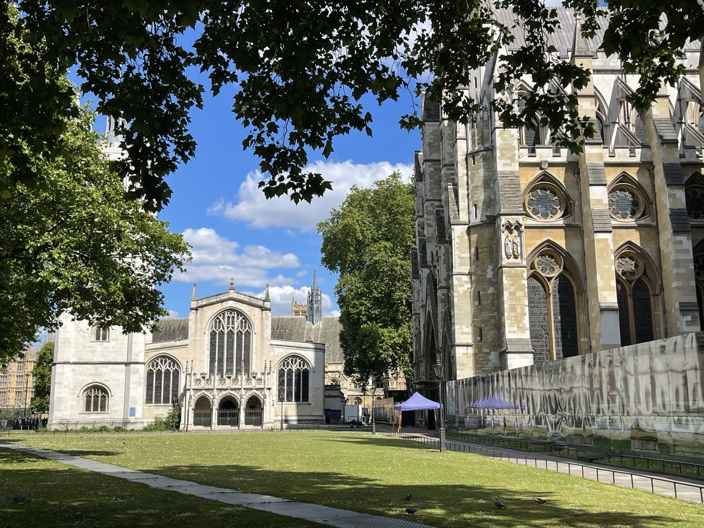 A gothic abbey seen across a sunlit green
